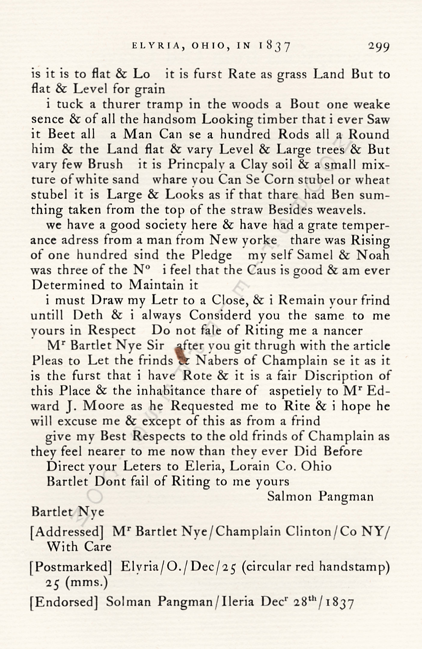 A Letter
                      From Elyria Ohio In 1837-Salmon Pangman to
                      Bartlett Nye of Champlain, New York