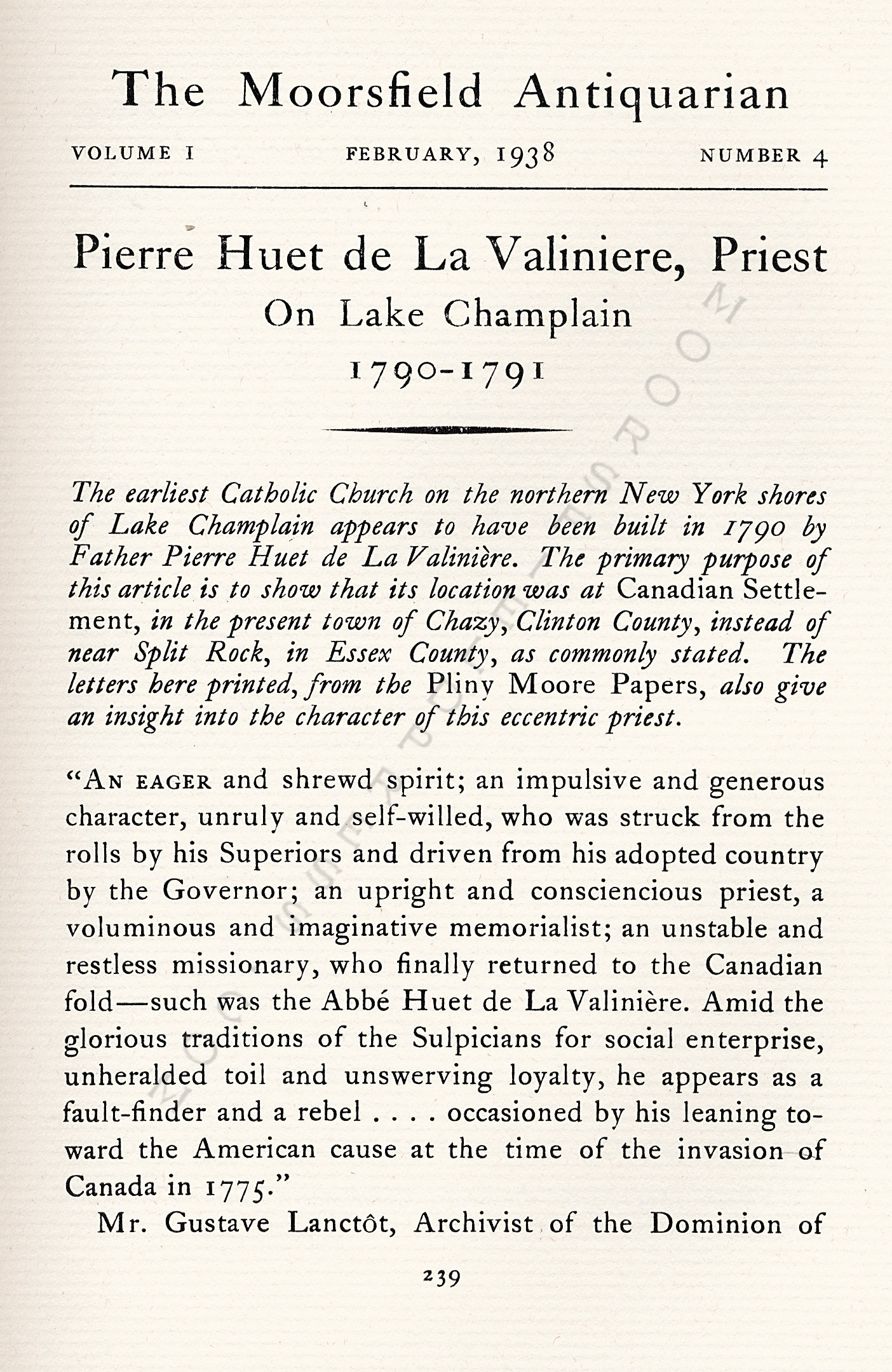 Pliny
                      Moore Papers-Pierre Huet de La Valiniere, Priest
                      on Lake Champlain, 1790-1791