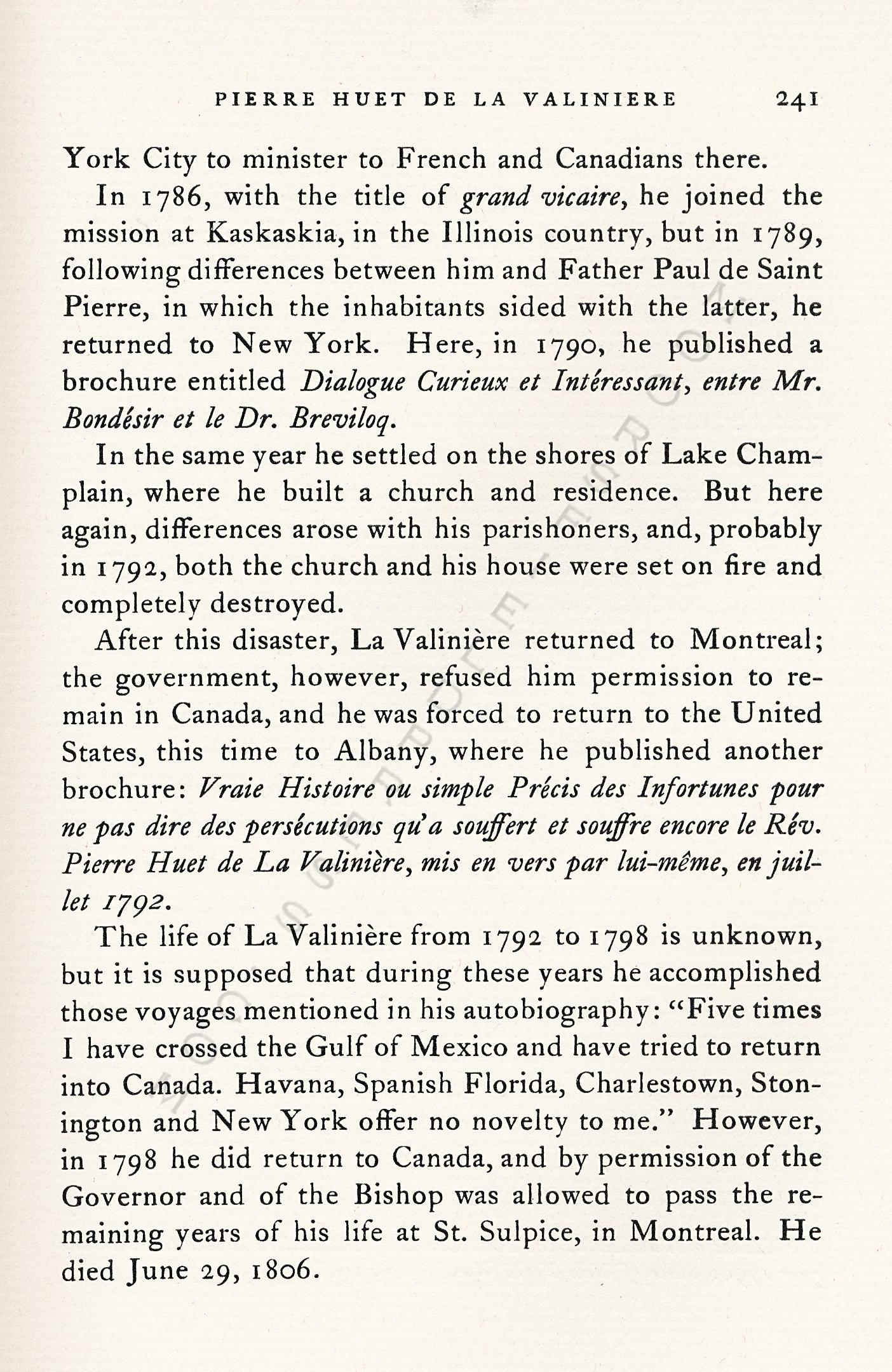 Pliny
                      Moore Papers-Pierre Huet de La Valiniere, Priest
                      on Lake Champlain, 1790-1791