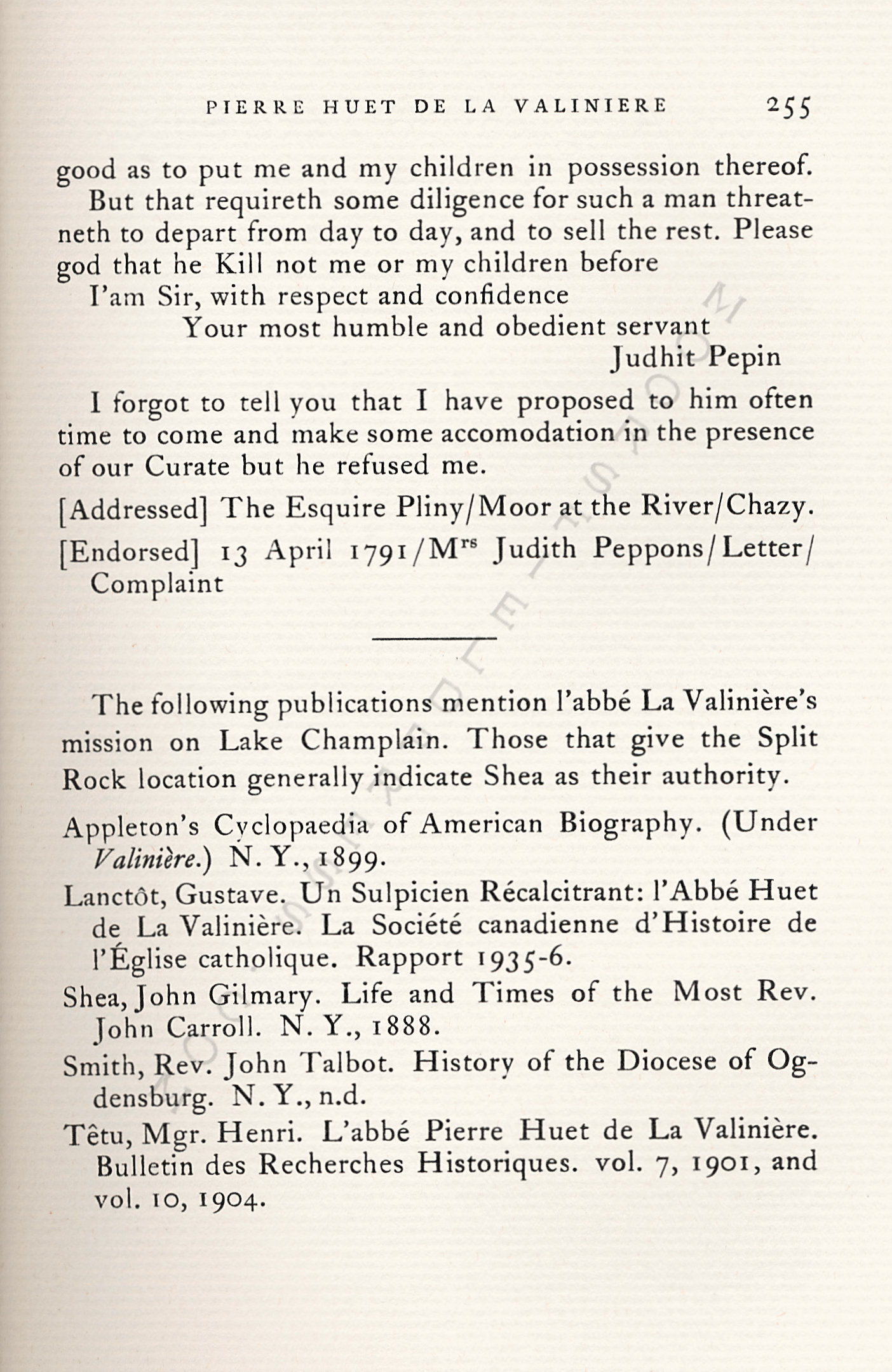 Pliny
                      Moore Papers-Pierre Huet de La Valiniere, Priest
                      on Lake Champlain, 1790-1791