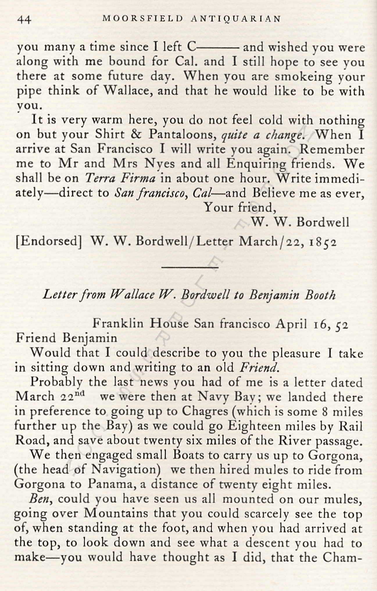 Letters
                      from California-1852-59-Wallace W. Bordwell to
                      Benjamin Booth of Champlain New York