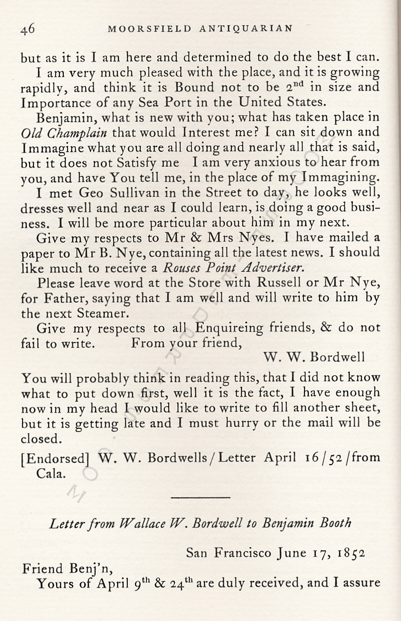 Letters
                      from California-1852-59-Wallace W. Bordwell to
                      Benjamin Booth of Champlain New York