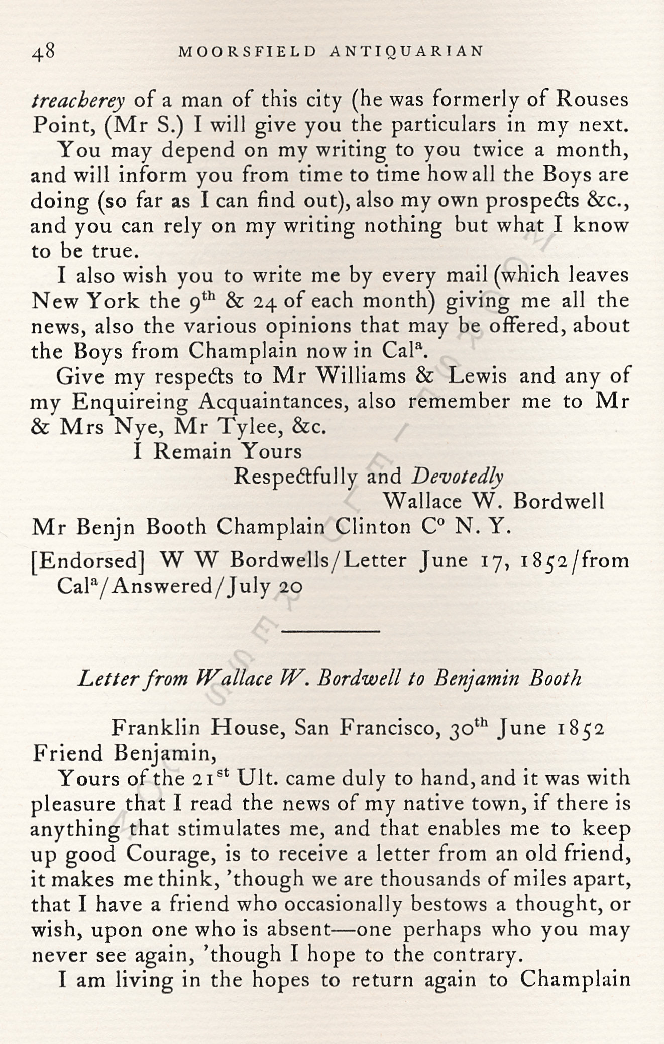 Letters
                      from California-1852-59-Wallace W. Bordwell to
                      Benjamin Booth of Champlain New York