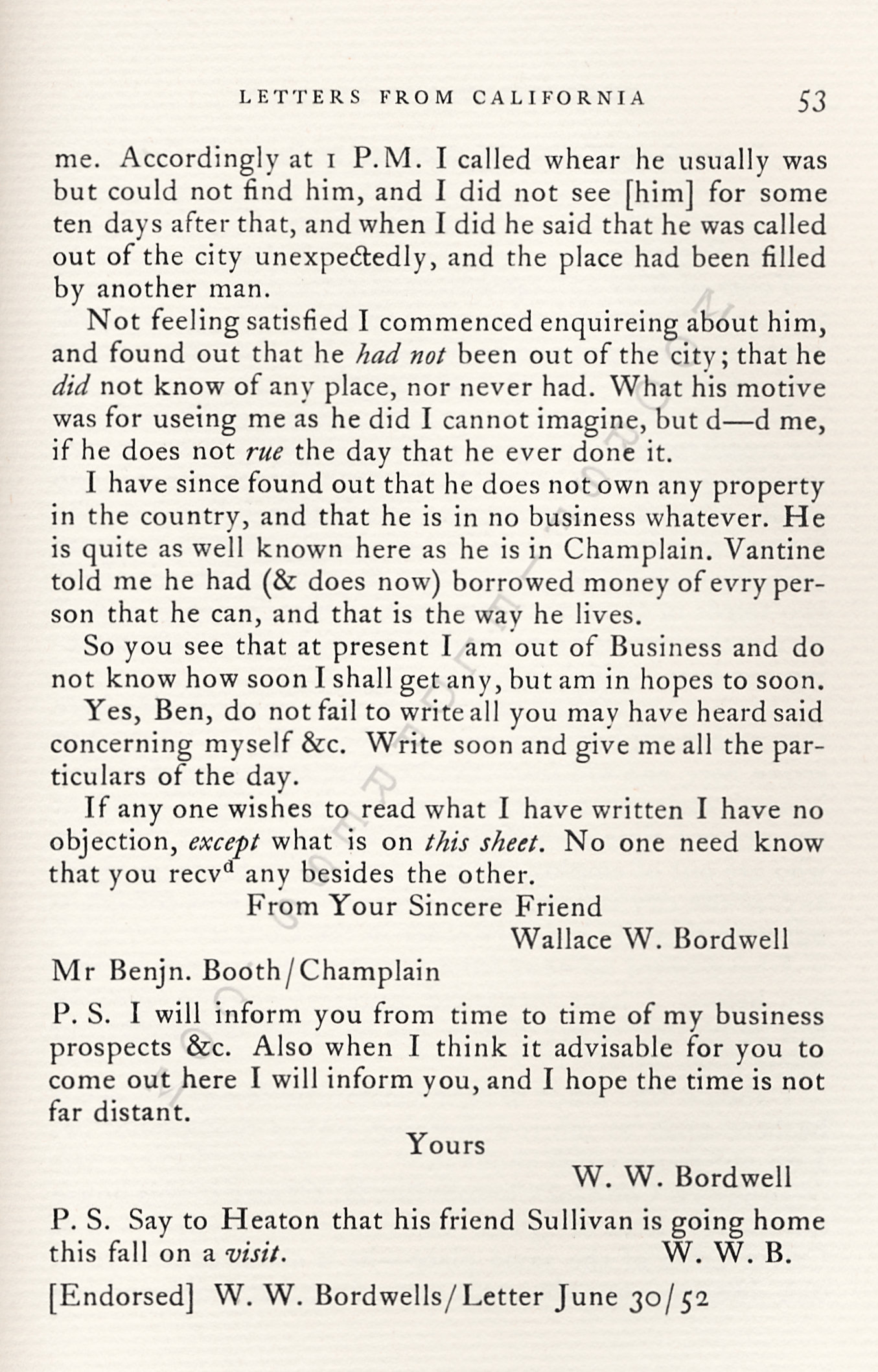 Letters
                      from California-1852-59-Wallace W. Bordwell to
                      Benjamin Booth of Champlain New York