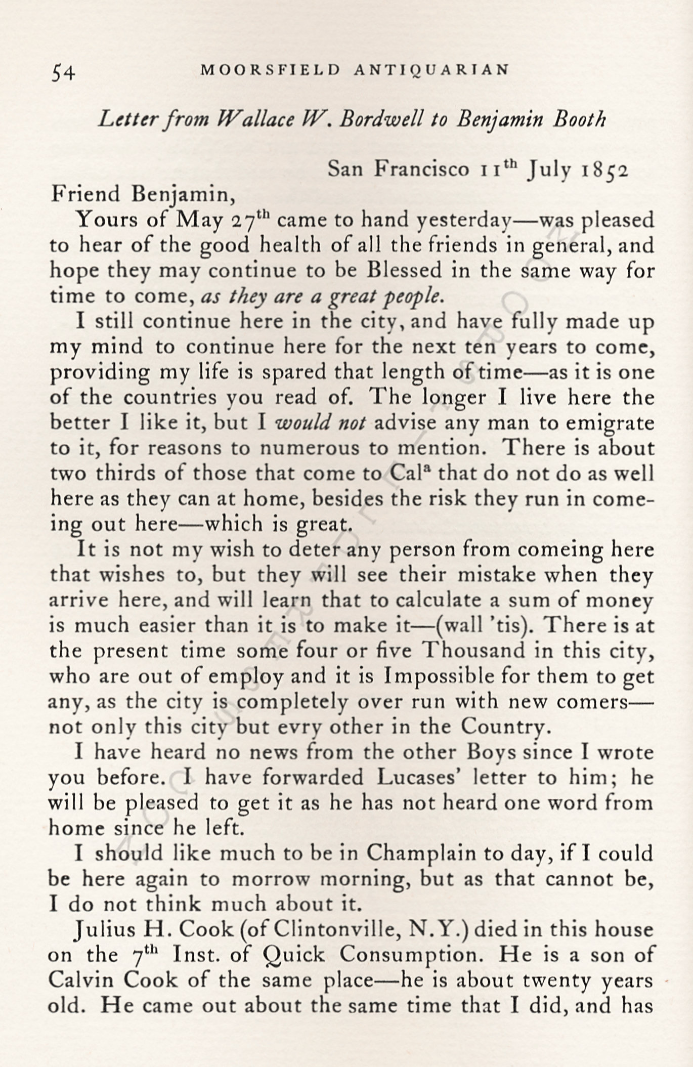 Letters
                      from California-1852-59-Wallace W. Bordwell to
                      Benjamin Booth of Champlain New York