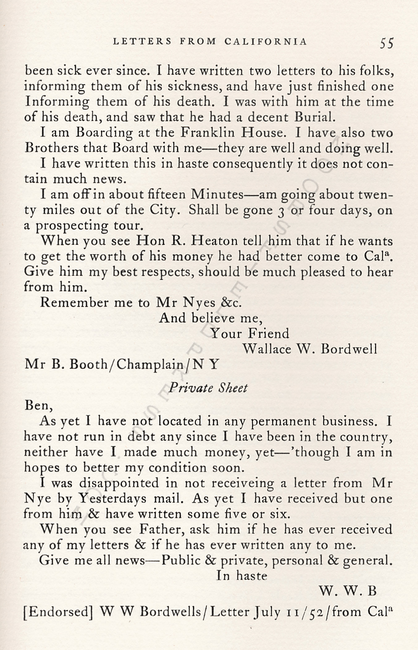 Letters
                      from California-1852-59-Wallace W. Bordwell to
                      Benjamin Booth of Champlain New York