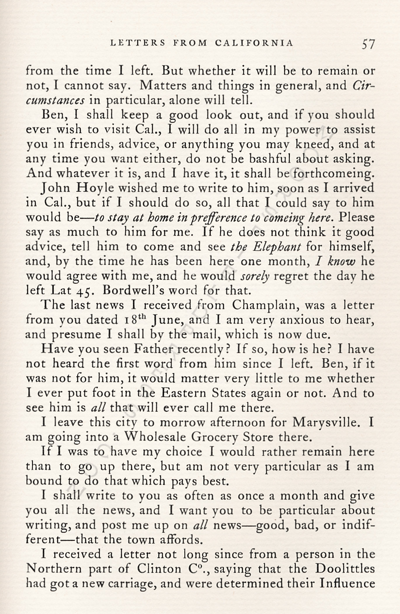 Letters
                      from California-1852-59-Wallace W. Bordwell to
                      Benjamin Booth of Champlain New York