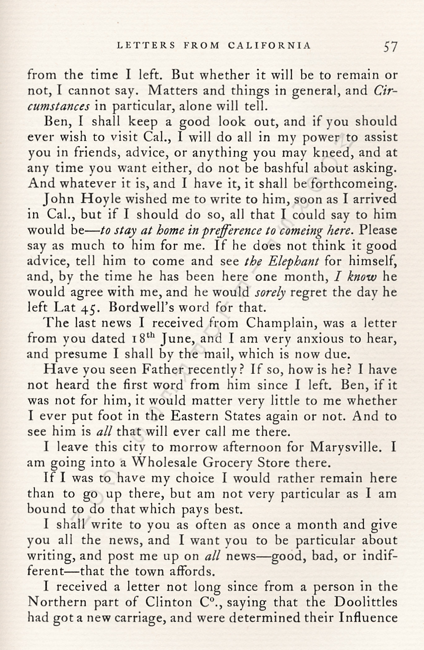 Letters
                      from California-1852-59-Wallace W. Bordwell to
                      Benjamin Booth of Champlain New York