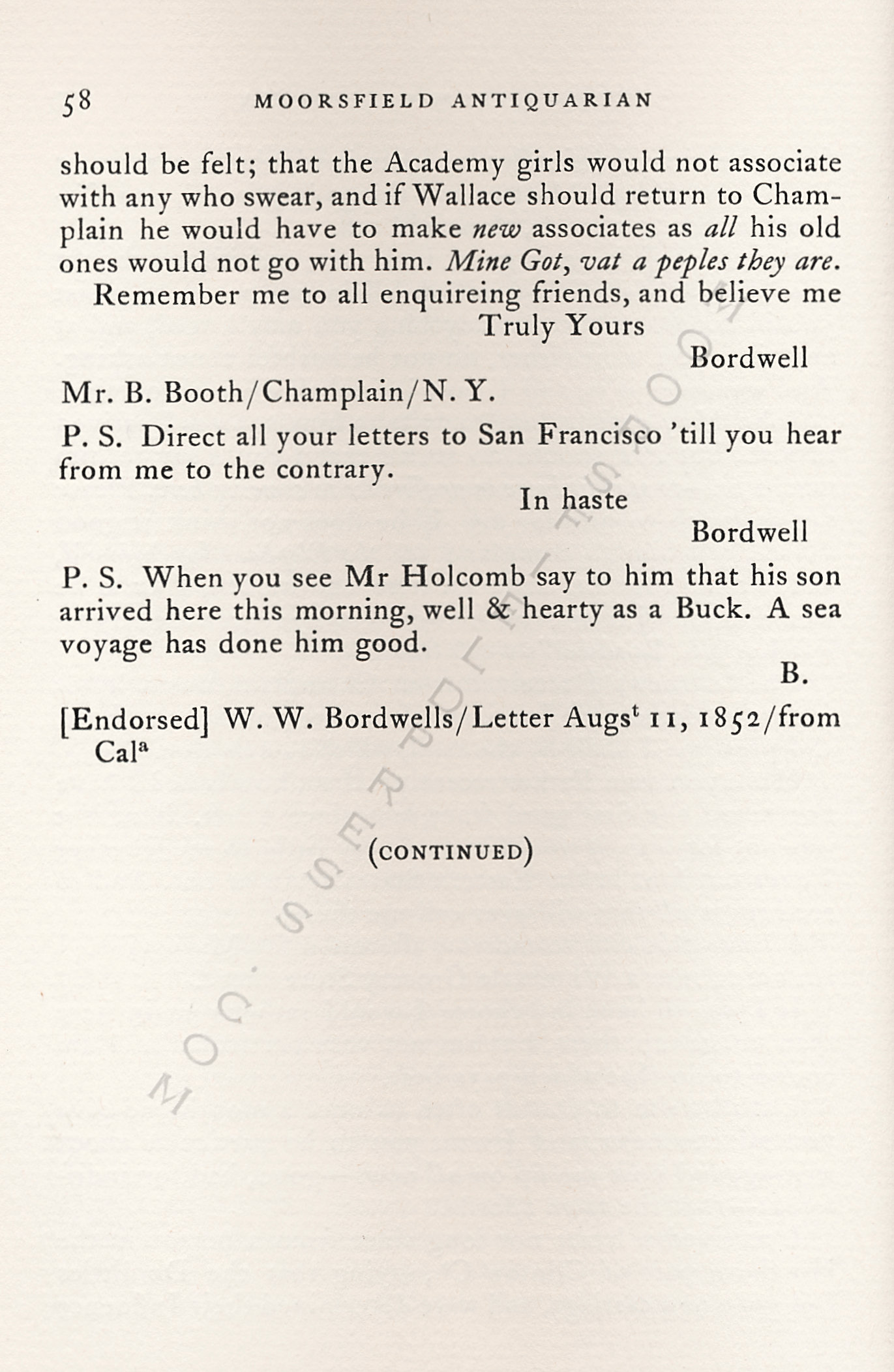 Letters
                      from California-1852-59-Wallace W. Bordwell to
                      Benjamin Booth of Champlain New York