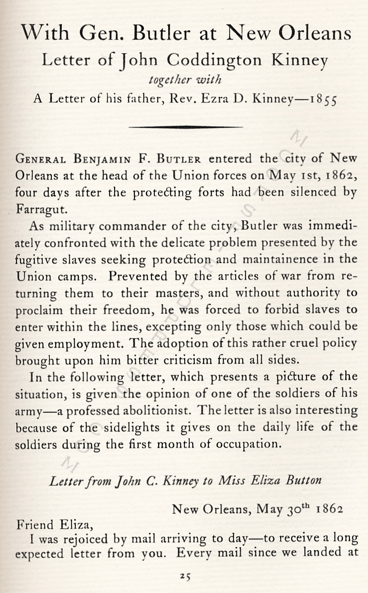 With
                      General Butler at New Orleans Letter of John
                      Coddington Kinney Together with a Letter of his
                      Father Rev. Ezra D. Kinney - 1855