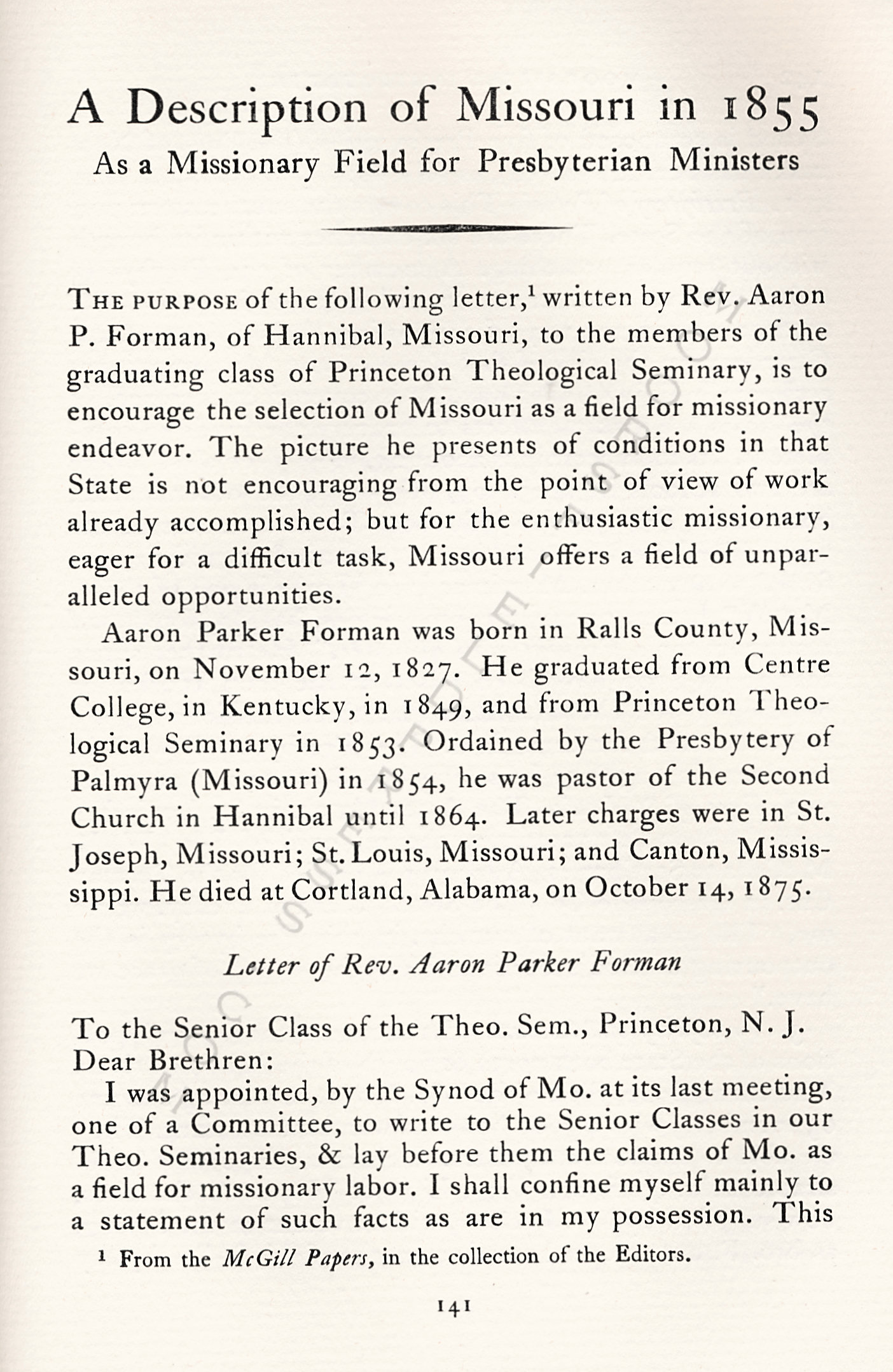 McGill
                      Papers-A Description of Missouri in 1855: As a
                      Missionary Field for Presbyterian Ministers