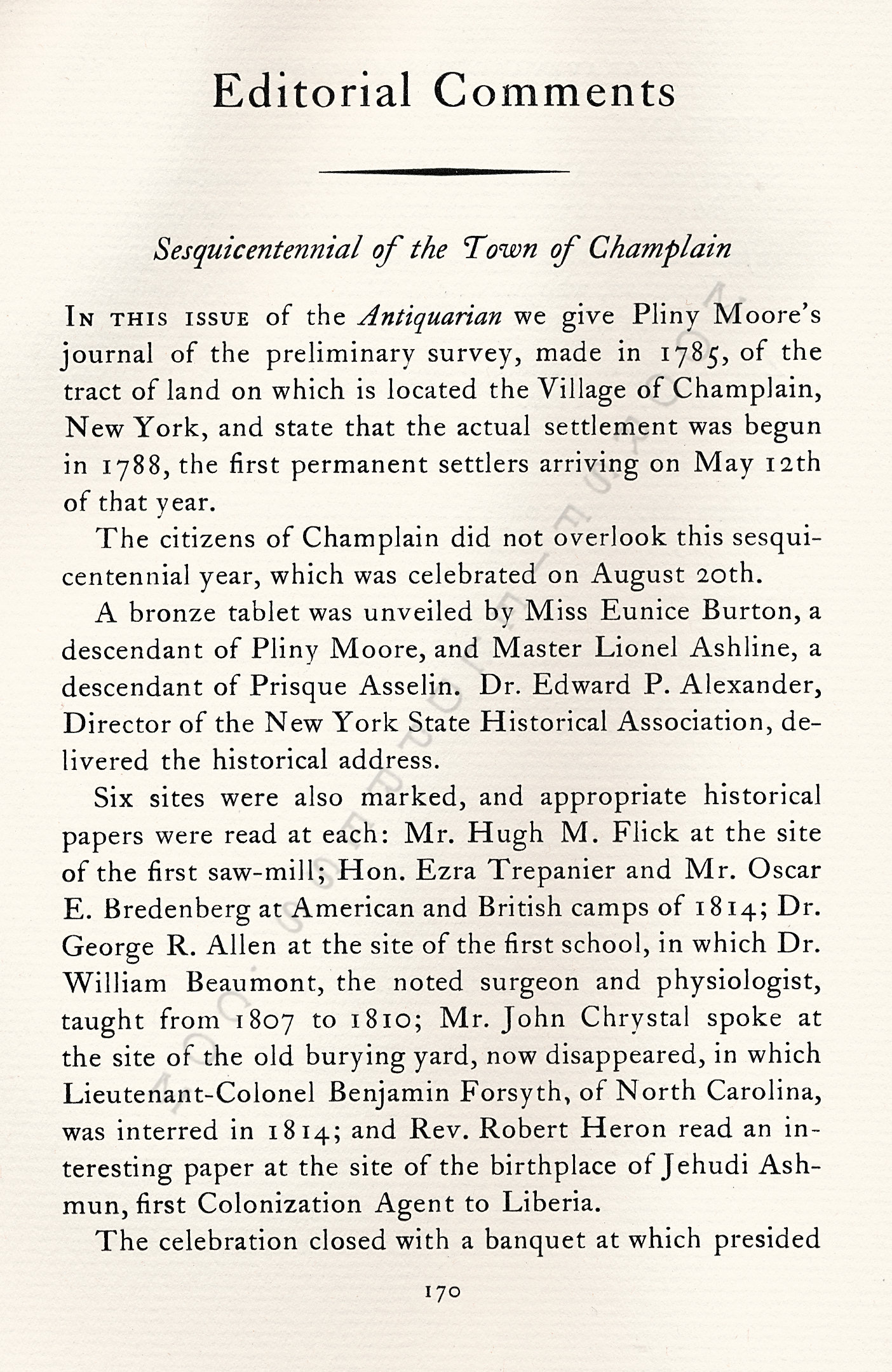 Editorial
                      Comments-Sesquicentennial of the Town of Champlain
                      1938 