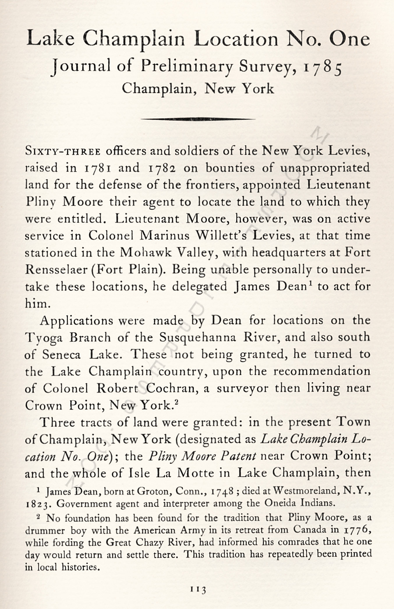 Pliny
                      Moore Papers-Lake Champlain Location No.
                      One:Journal of Preliminary Survey, 1785 Champlain,
                      New York