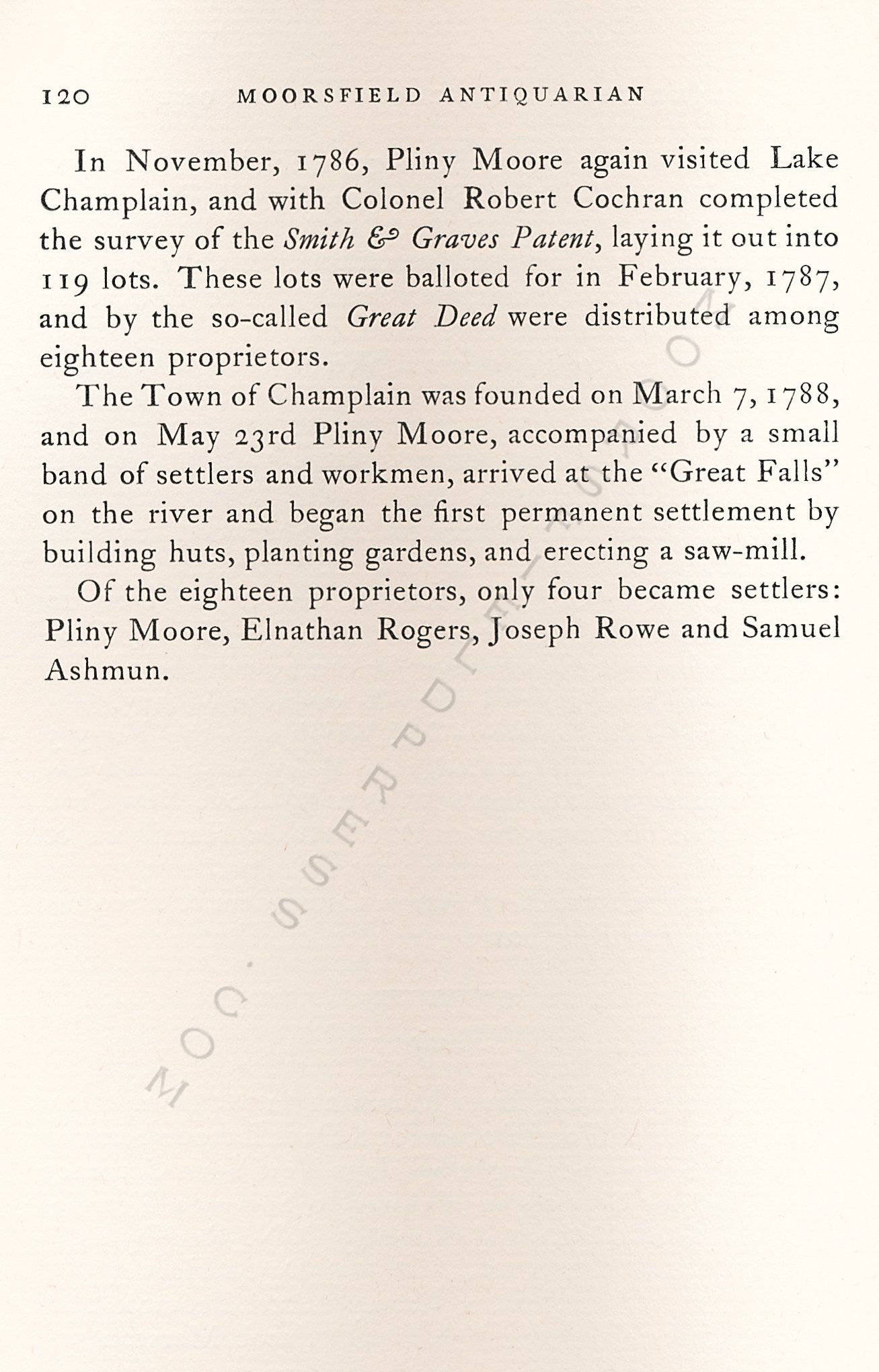 Pliny
                      Moore Papers-Lake Champlain Location No.
                      One:Journal of Preliminary Survey, 1785 Champlain,
                      New York