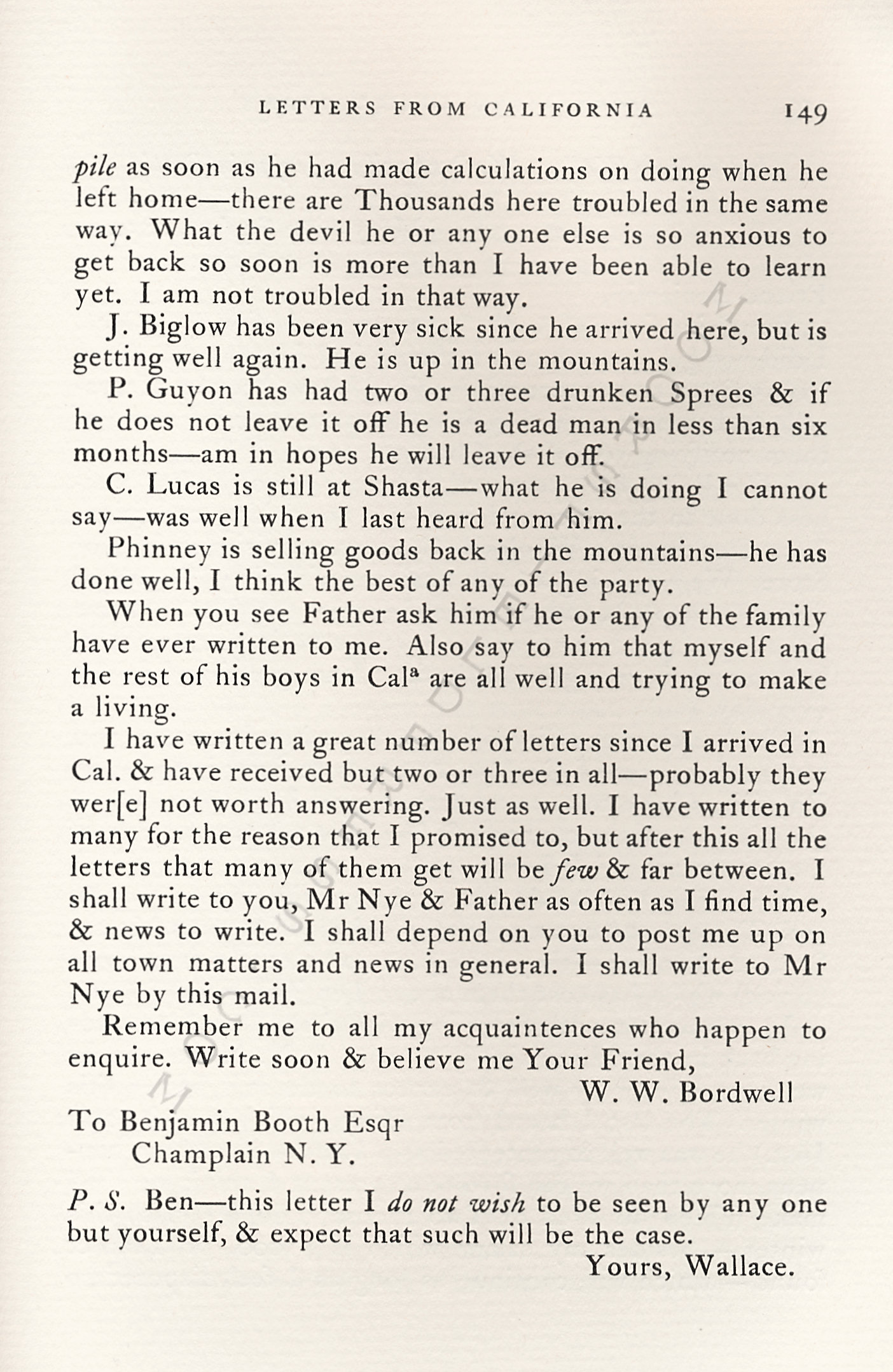 Letters
                      from California-1852-59-Wallace W. Bordwell to
                      Benjamin Booth of Champlain New York