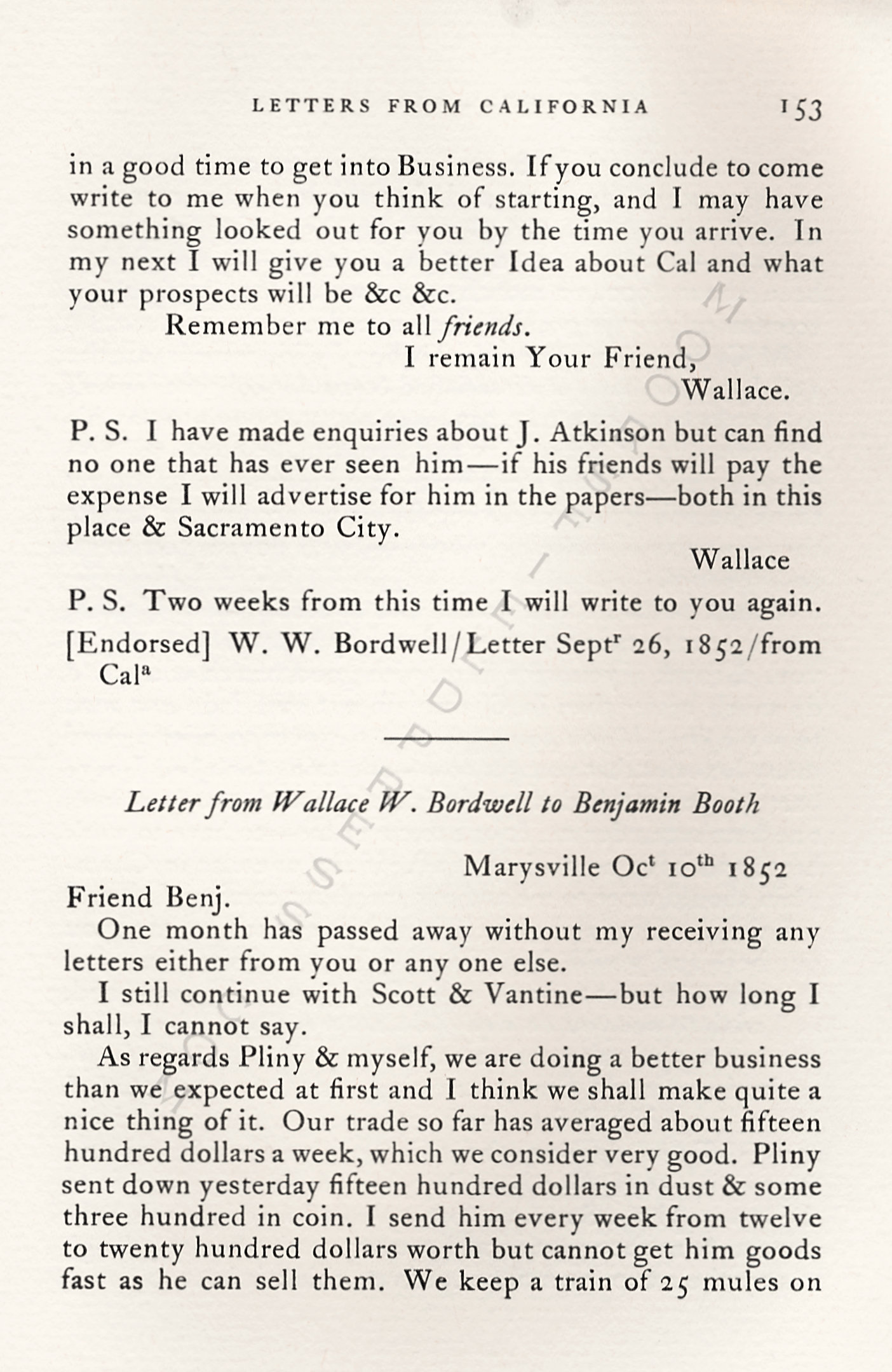 Letters
                      from California-1852-59-Wallace W. Bordwell to
                      Benjamin Booth of Champlain New York