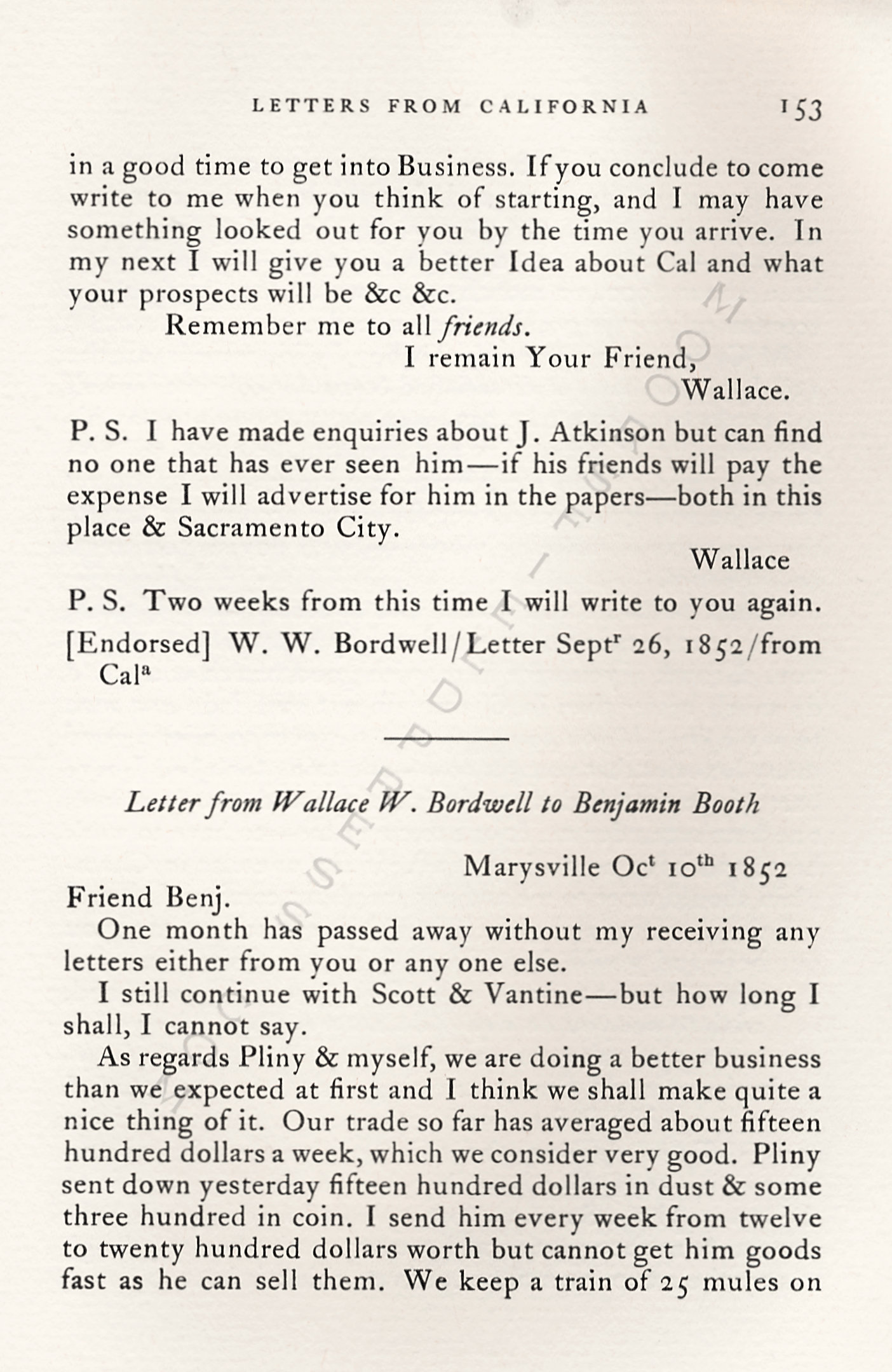 Letters
                      from California-1852-59-Wallace W. Bordwell to
                      Benjamin Booth of Champlain New York