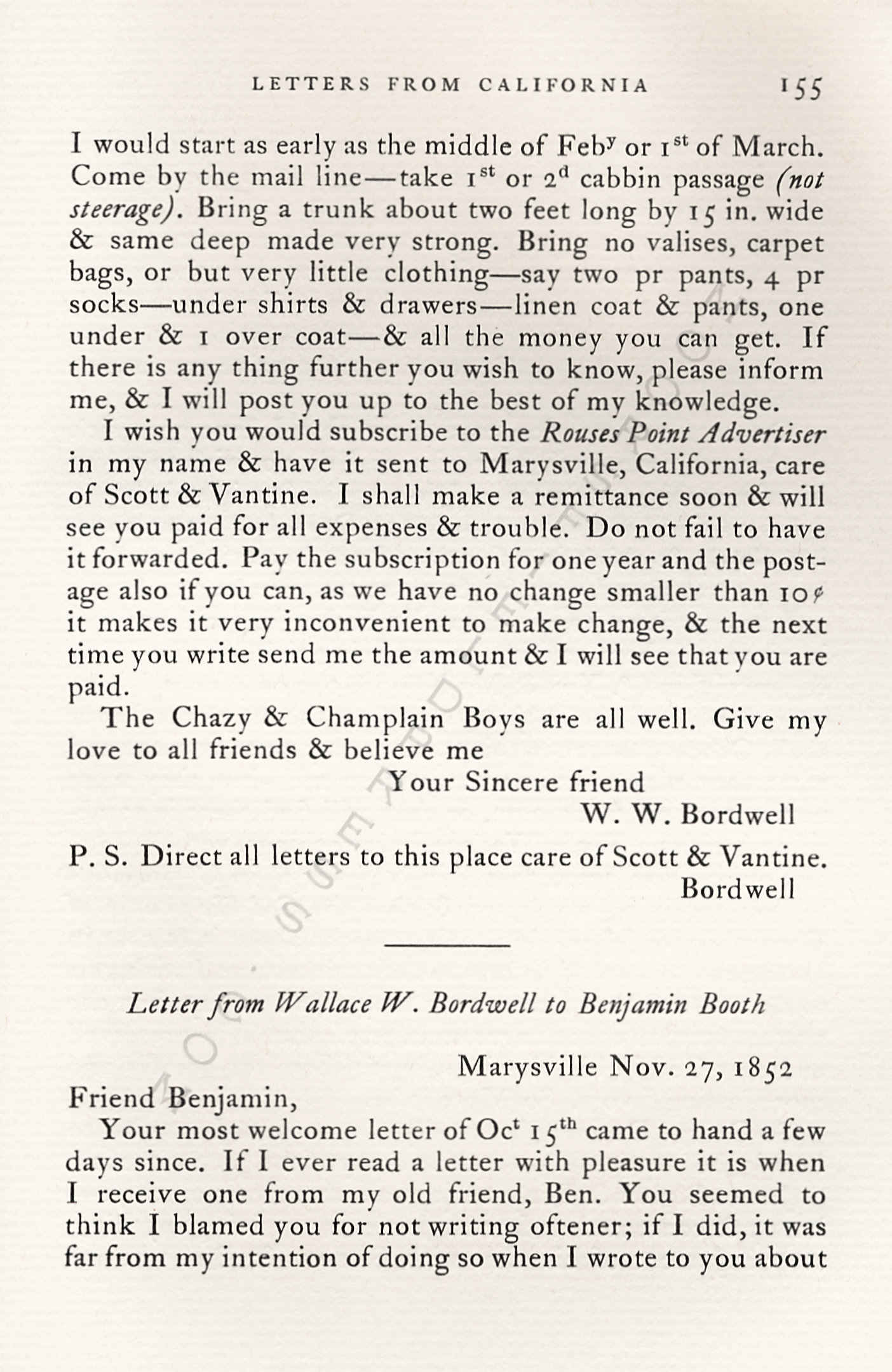 Letters
                      from California-1852-59-Wallace W. Bordwell to
                      Benjamin Booth of Champlain New York