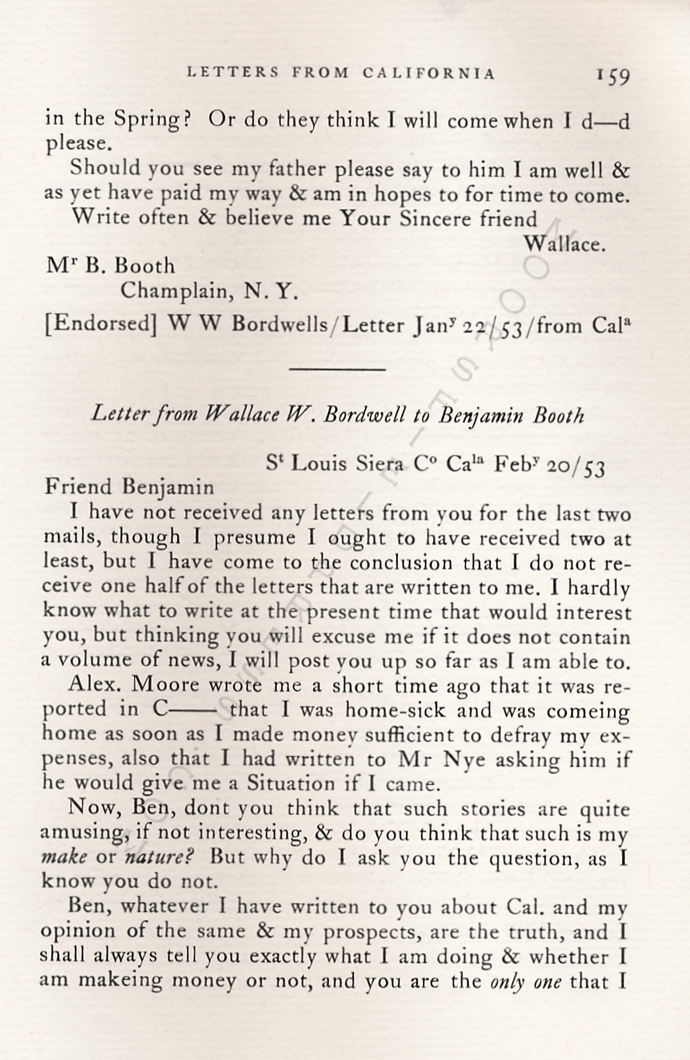 Letters
                      from California-1852-59-Wallace W. Bordwell to
                      Benjamin Booth of Champlain New York