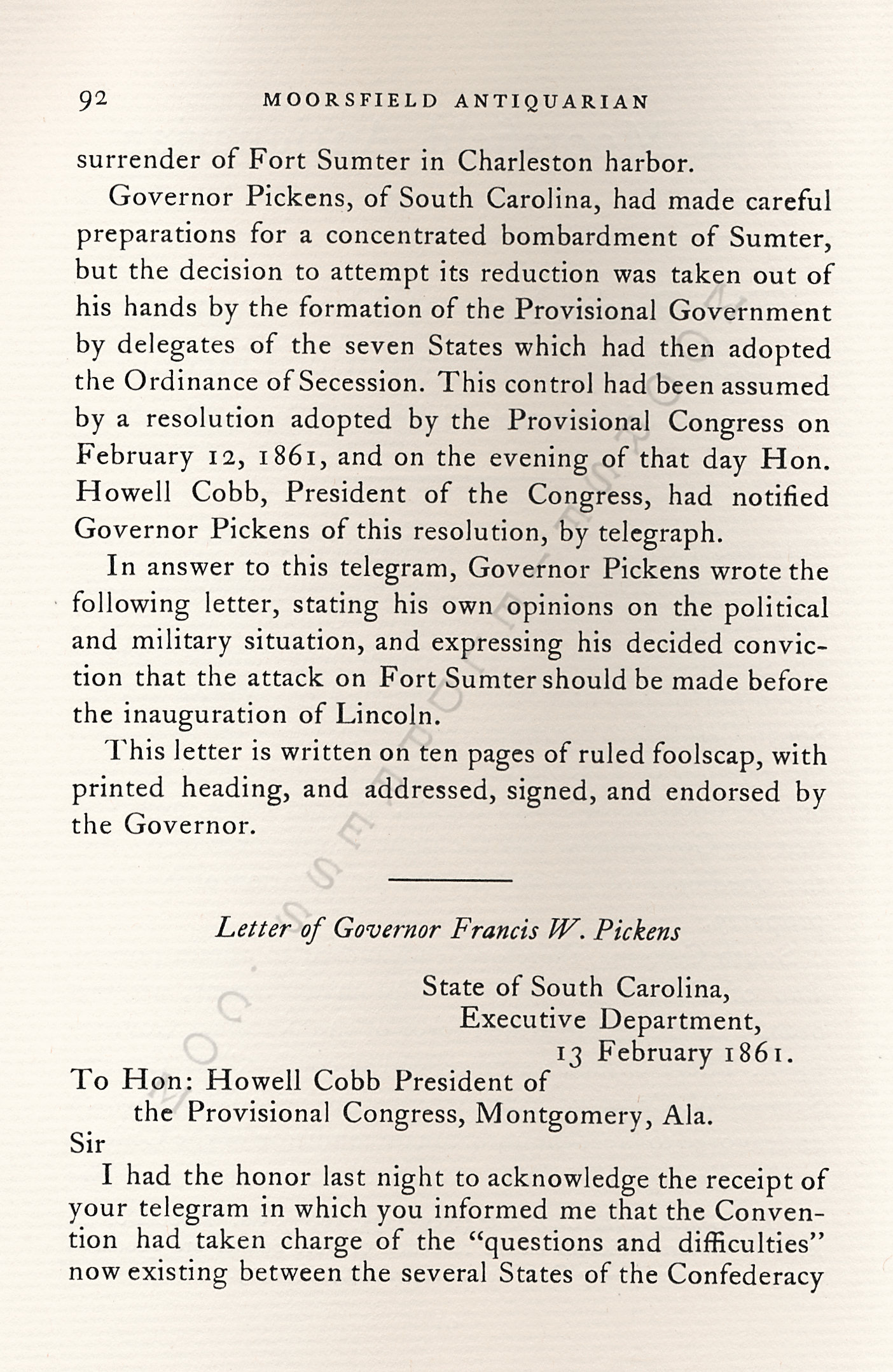 The
                      Reduction of Fort Sumter-Argument of Governor
                      Pickens of South Carolina