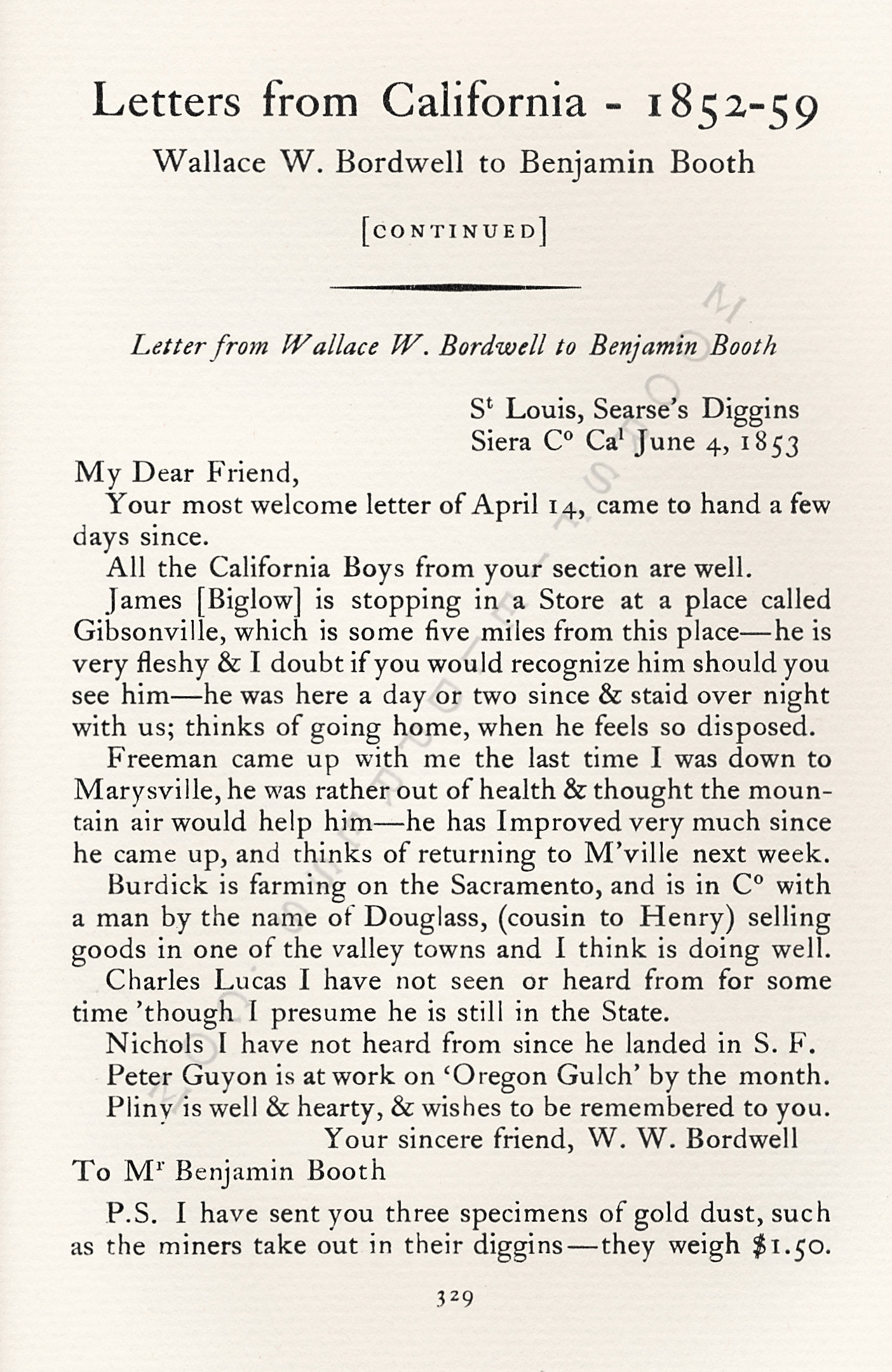Letters
                      from California-1852-59-Wallace W. Bordwell to
                      Benjamin Booth of Champlain New York