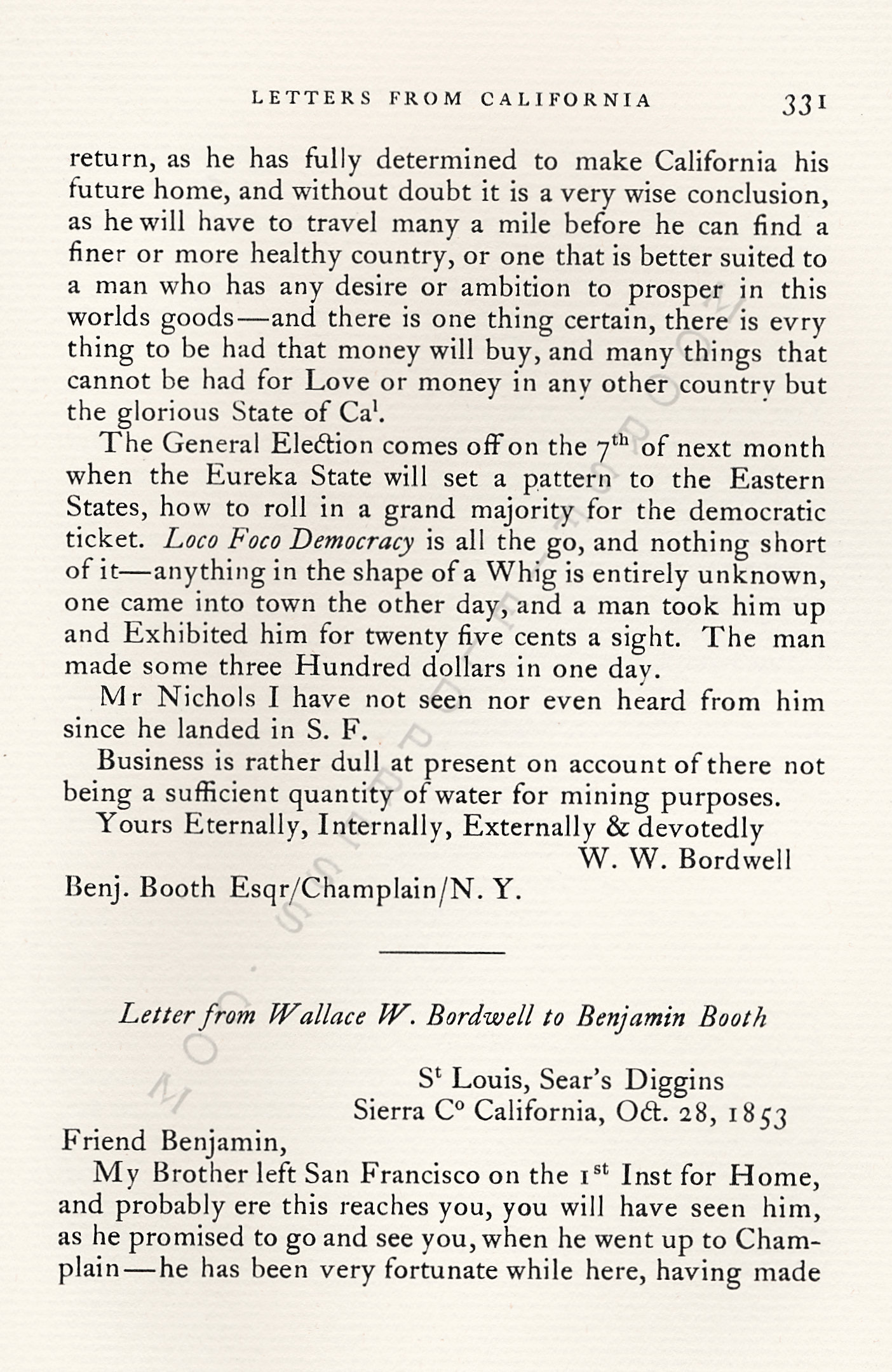 Letters
                      from California-1852-59-Wallace W. Bordwell to
                      Benjamin Booth of Champlain New York