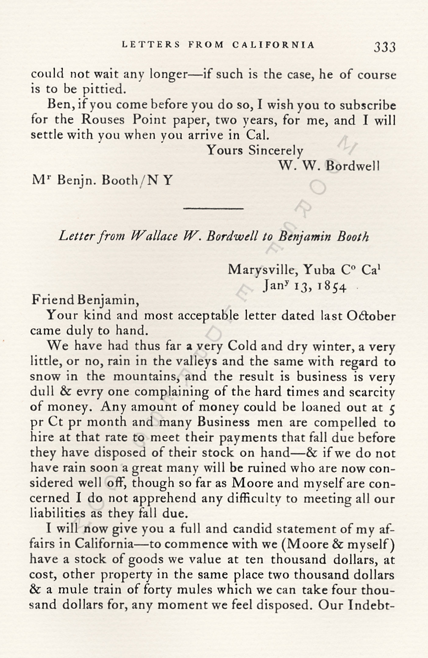 Letters
                      from California-1852-59-Wallace W. Bordwell to
                      Benjamin Booth of Champlain New York