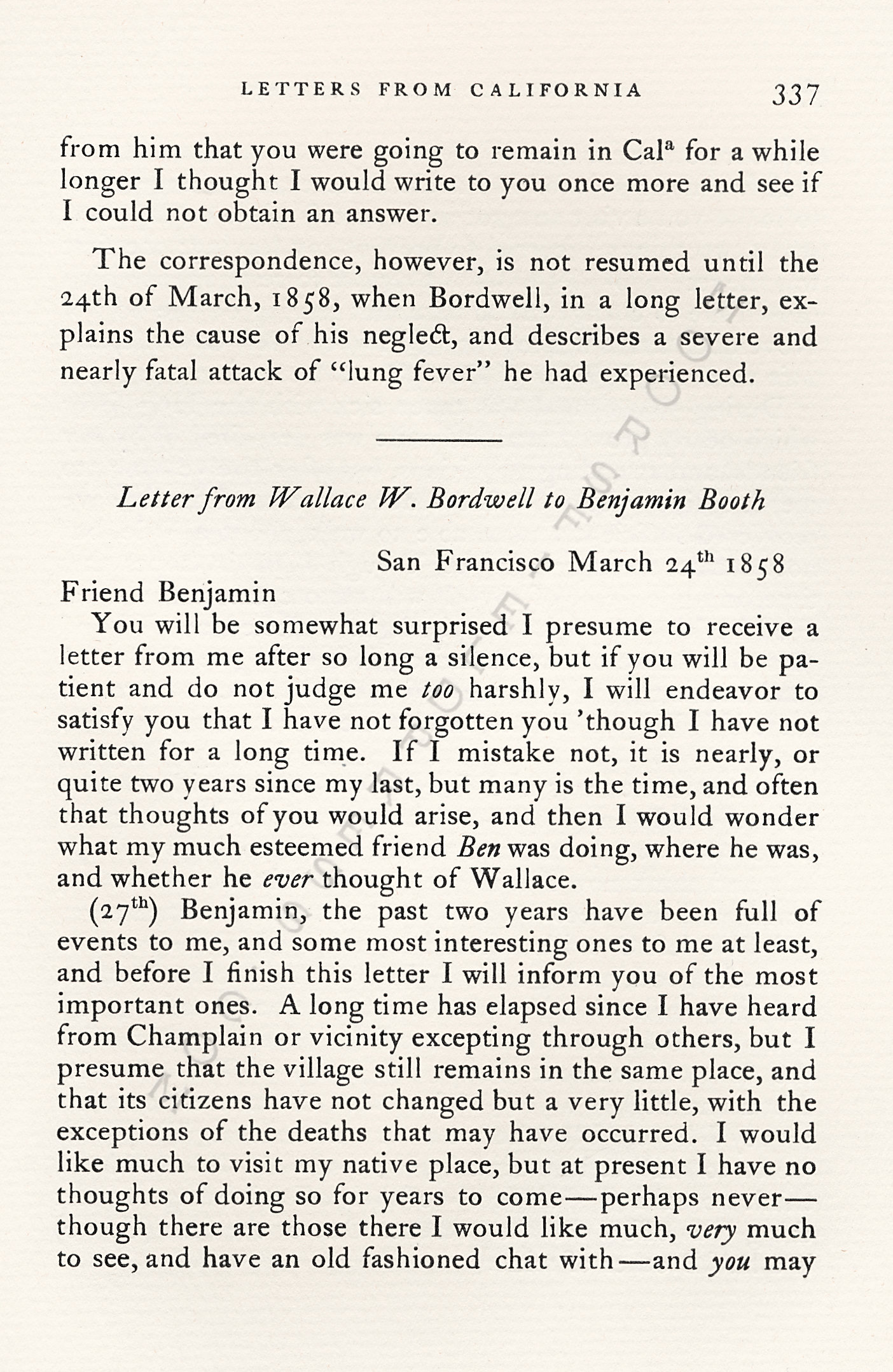 Letters
                      from California-1852-59-Wallace W. Bordwell to
                      Benjamin Booth of Champlain New York