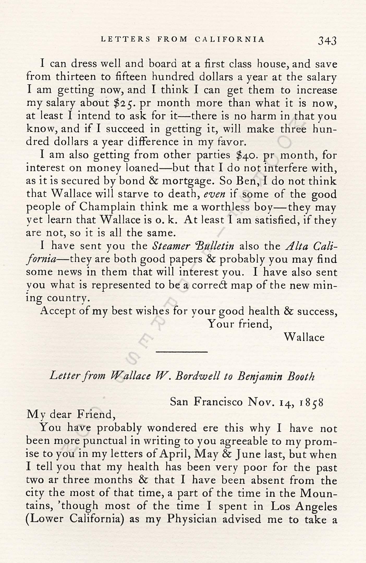 Letters
                      from California-1852-59-Wallace W. Bordwell to
                      Benjamin Booth of Champlain New York