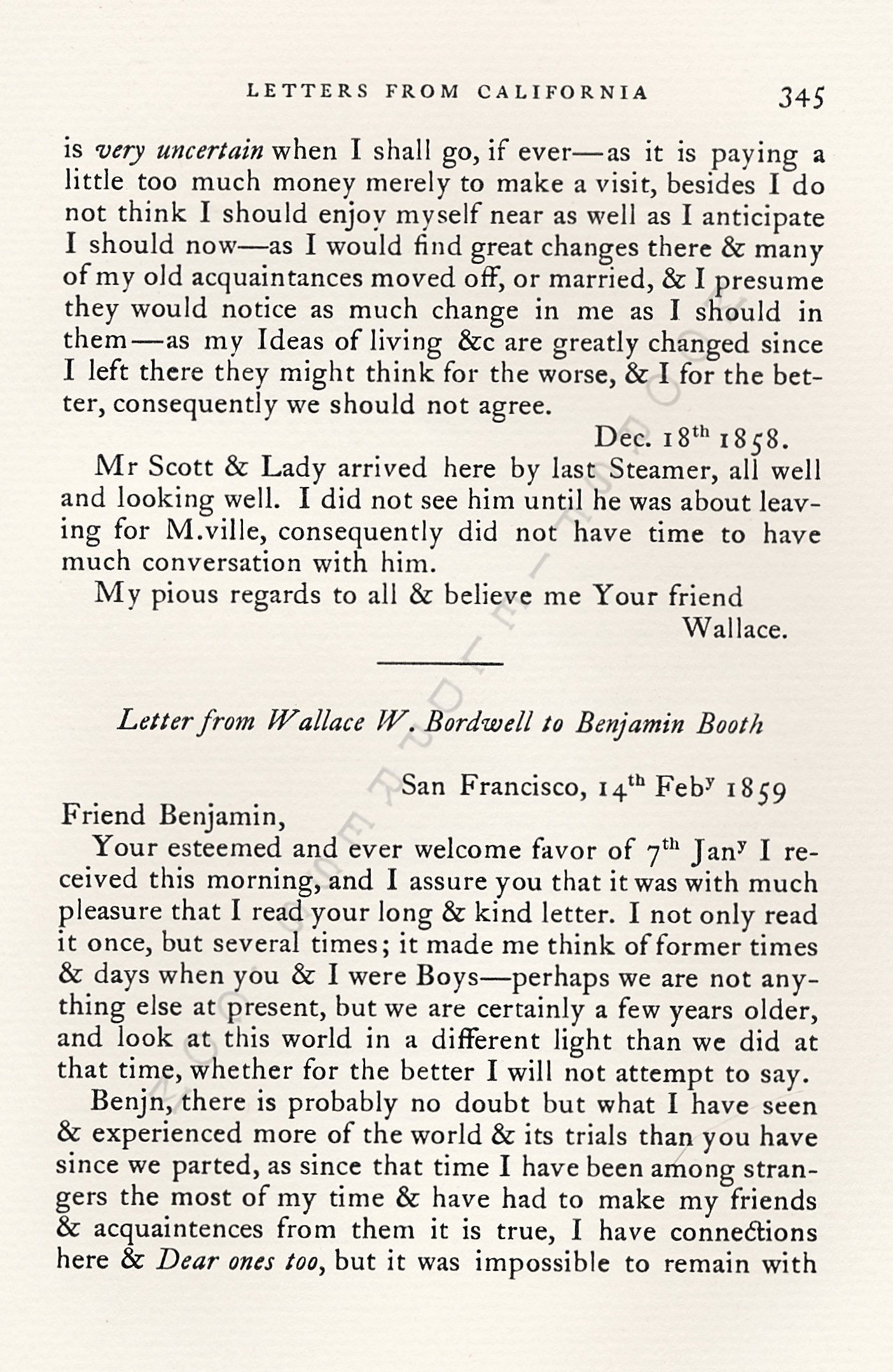 Letters
                      from California-1852-59-Wallace W. Bordwell to
                      Benjamin Booth of Champlain New York