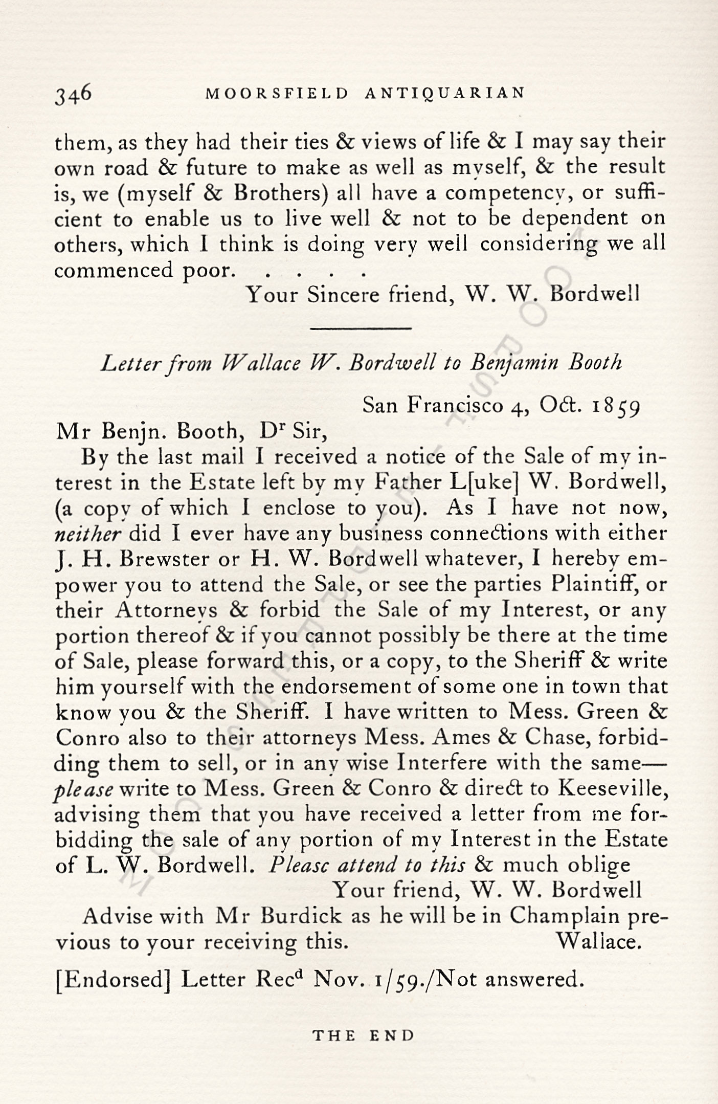 Letters
                      from California-1852-59-Wallace W. Bordwell to
                      Benjamin Booth of Champlain New York