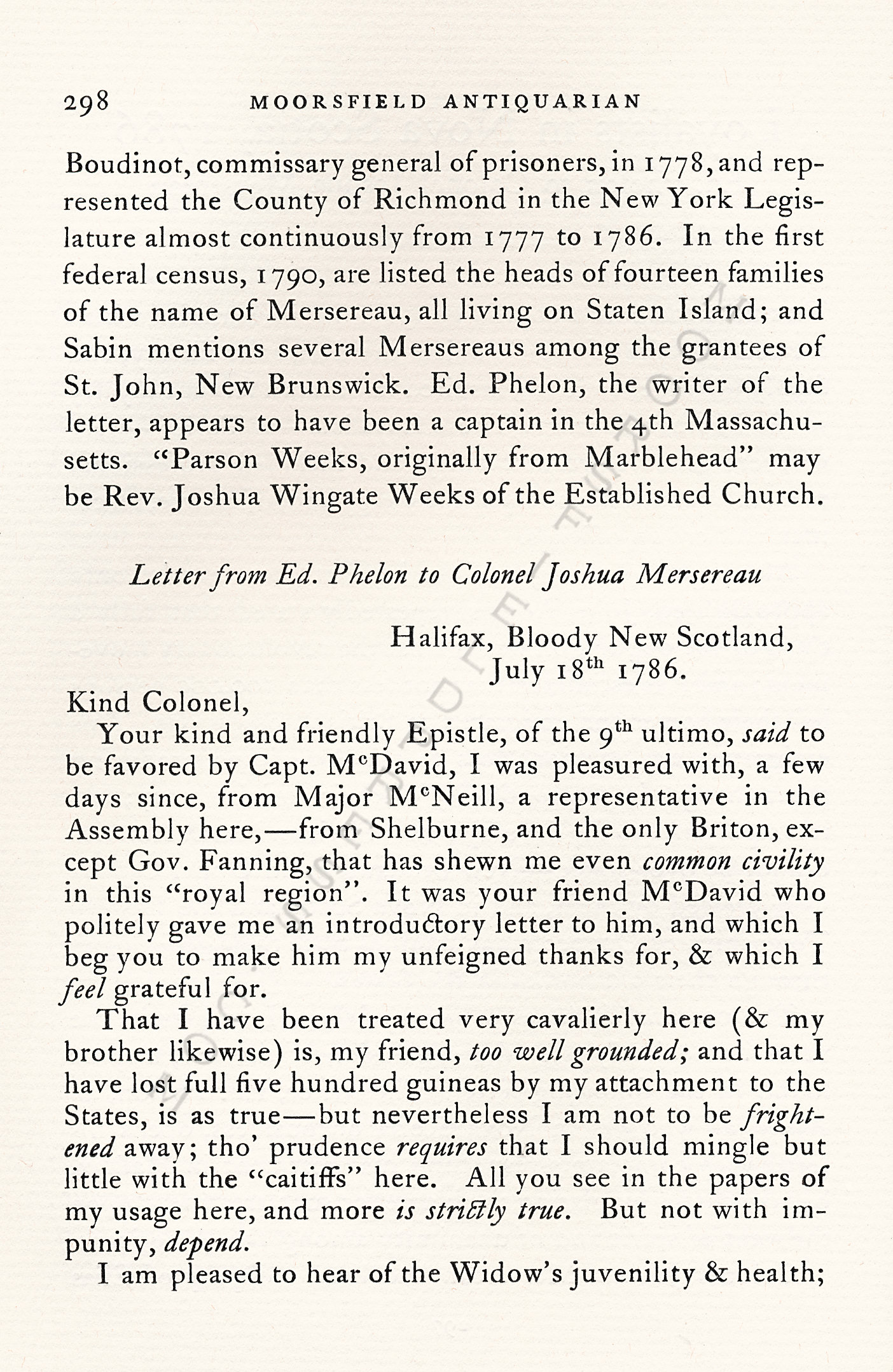 Loyalists
                      in Nova Scotia 1786: Ed. Phelon to Colonel Joshua
                      Mersereau