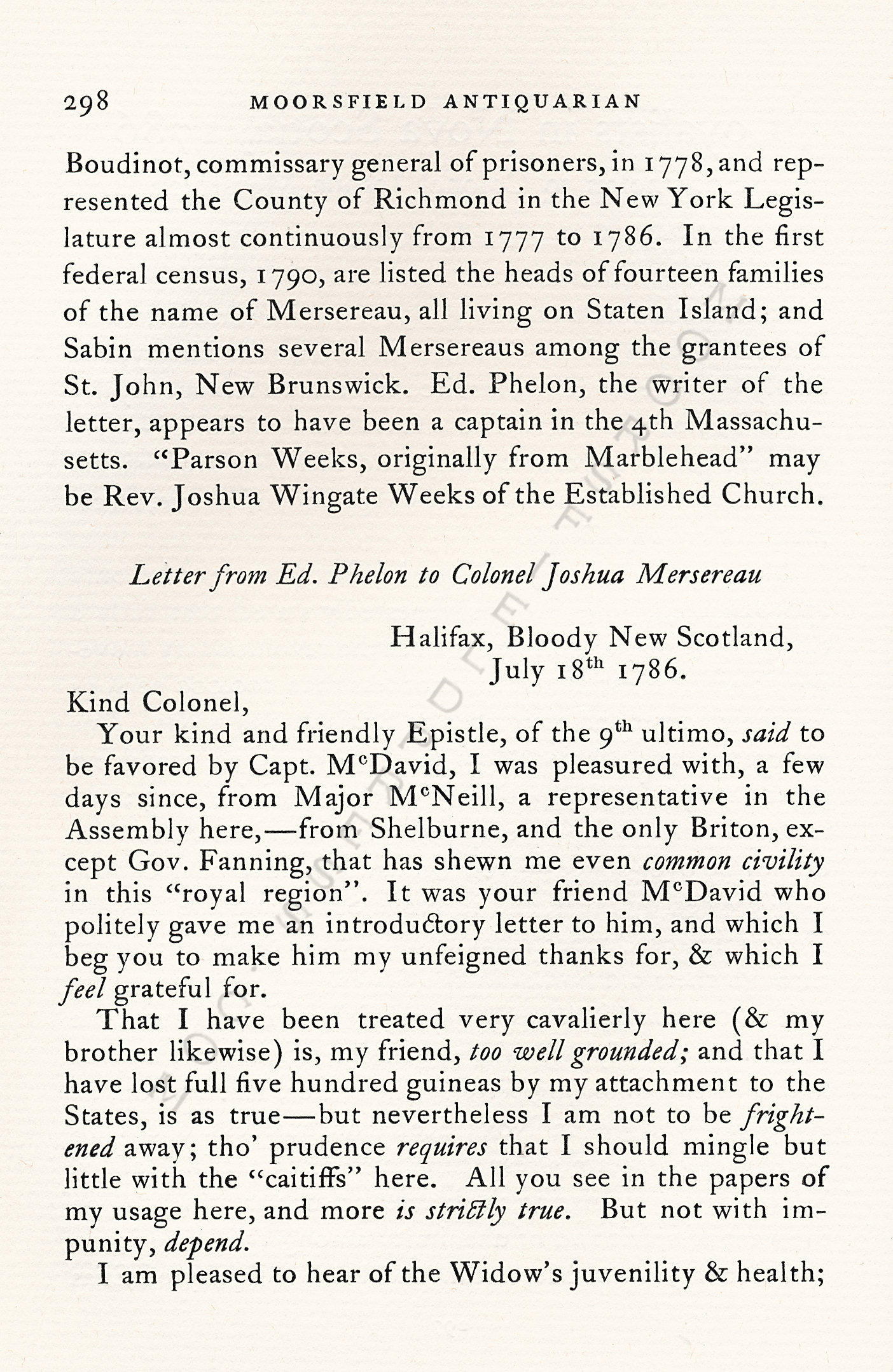 Loyalists
                      in Nova Scotia 1786: Ed. Phelon to Colonel Joshua
                      Mersereau