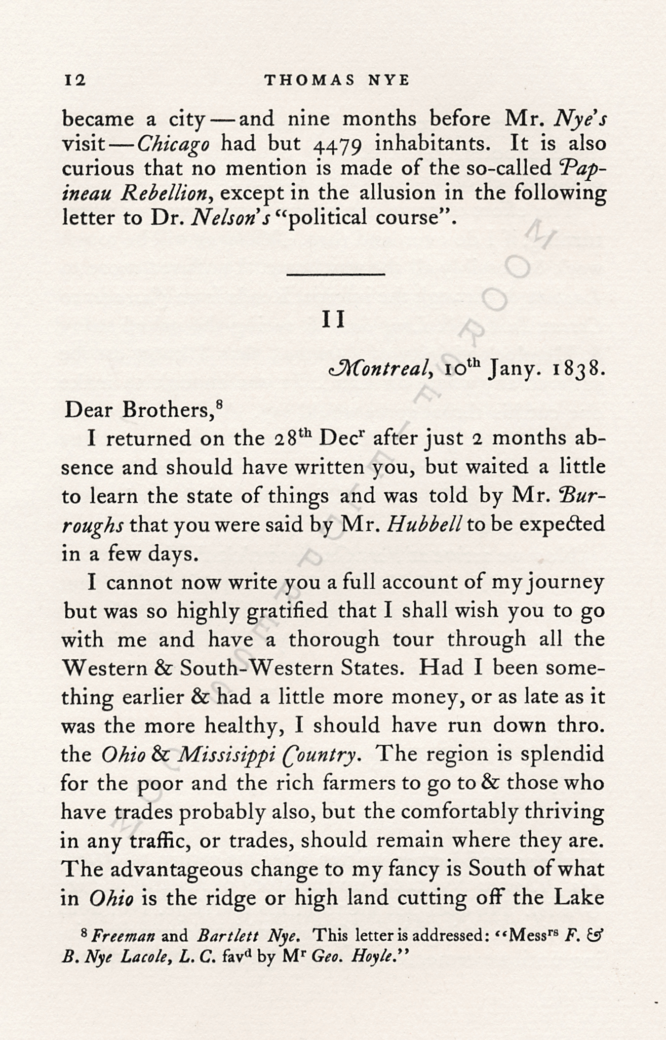 TWO
                      LETTERS OF THOMAS NYE RELATING TO A JOURNEY FROM
                      MONTREAL TO CHICAGO IN 1837