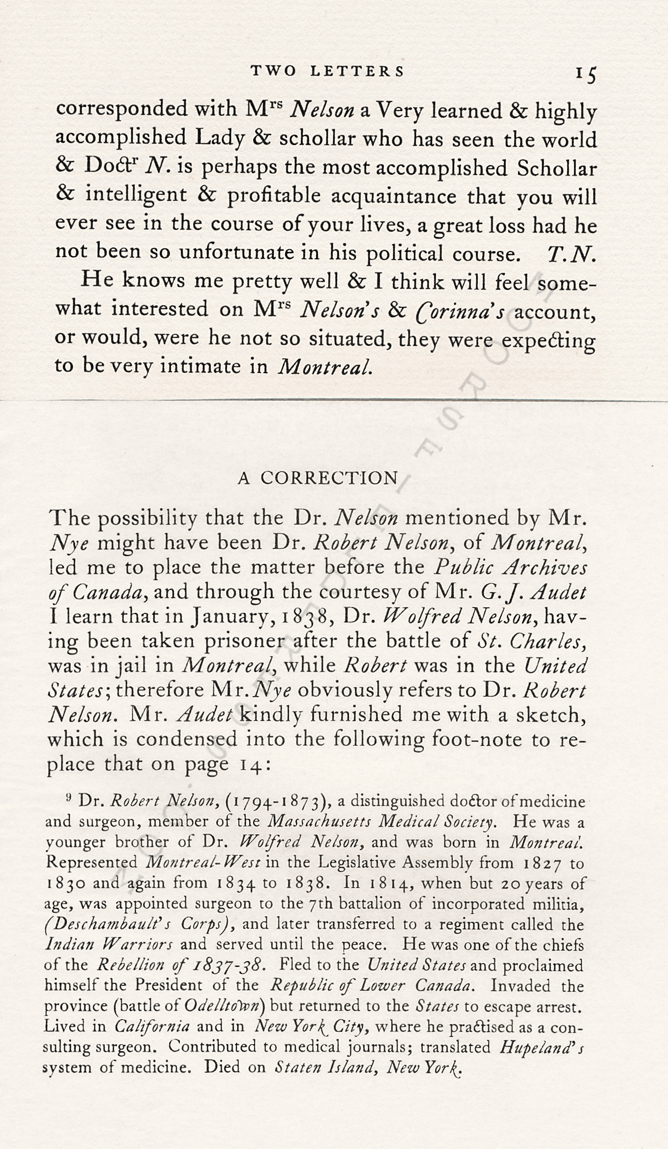 TWO
                      LETTERS OF THOMAS NYE RELATING TO A JOURNEY FROM
                      MONTREAL TO CHICAGO IN 1837