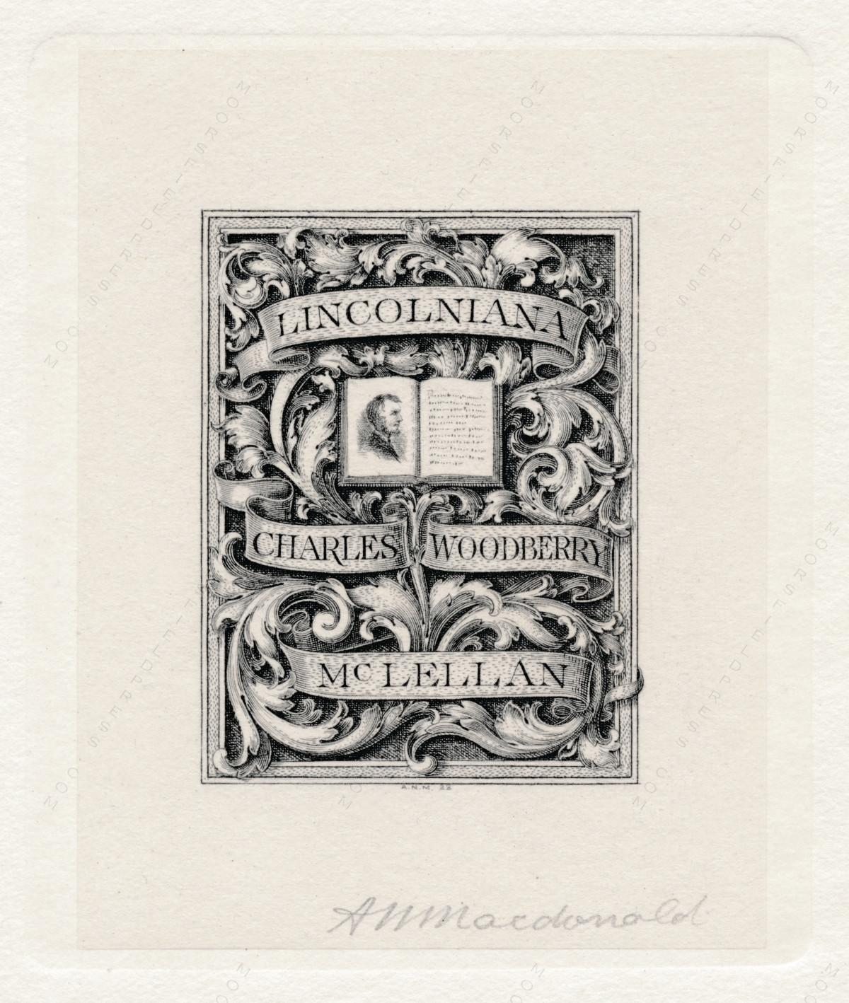 Charles Woodberry McLellan Lincolniana
                          bookplate-signed by Arthur Nelson
                          Macdonald-designed 1922