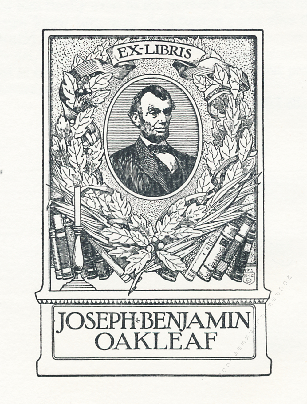book plate for joseph oakleaf in the book Lincolniana
            by H. A. Fowler 1913