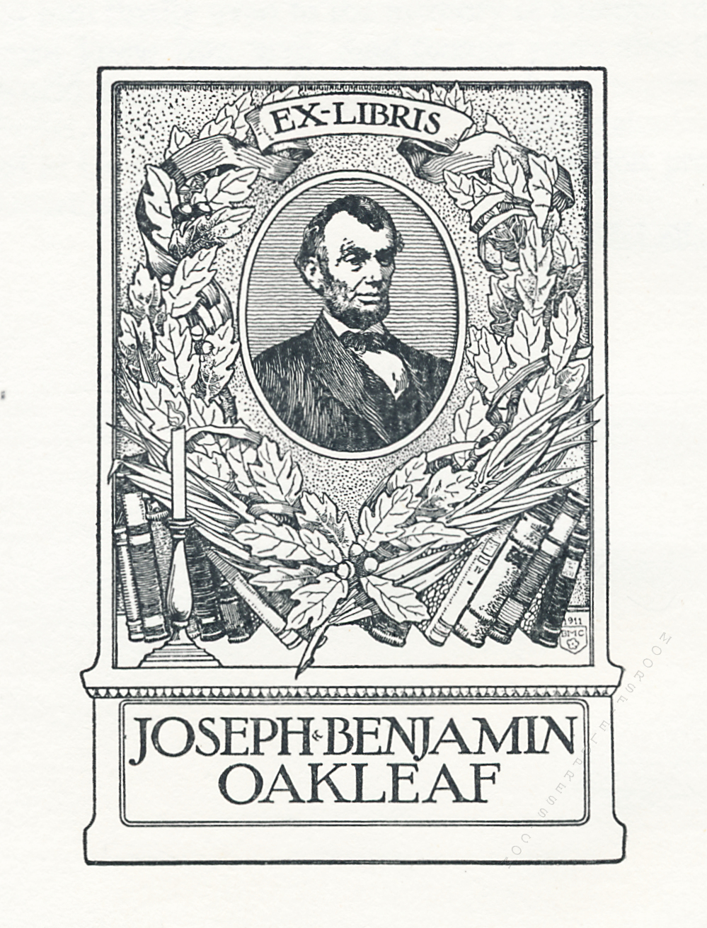 book plate for joseph oakleaf in the book Lincolniana
            by H. A. Fowler 1913