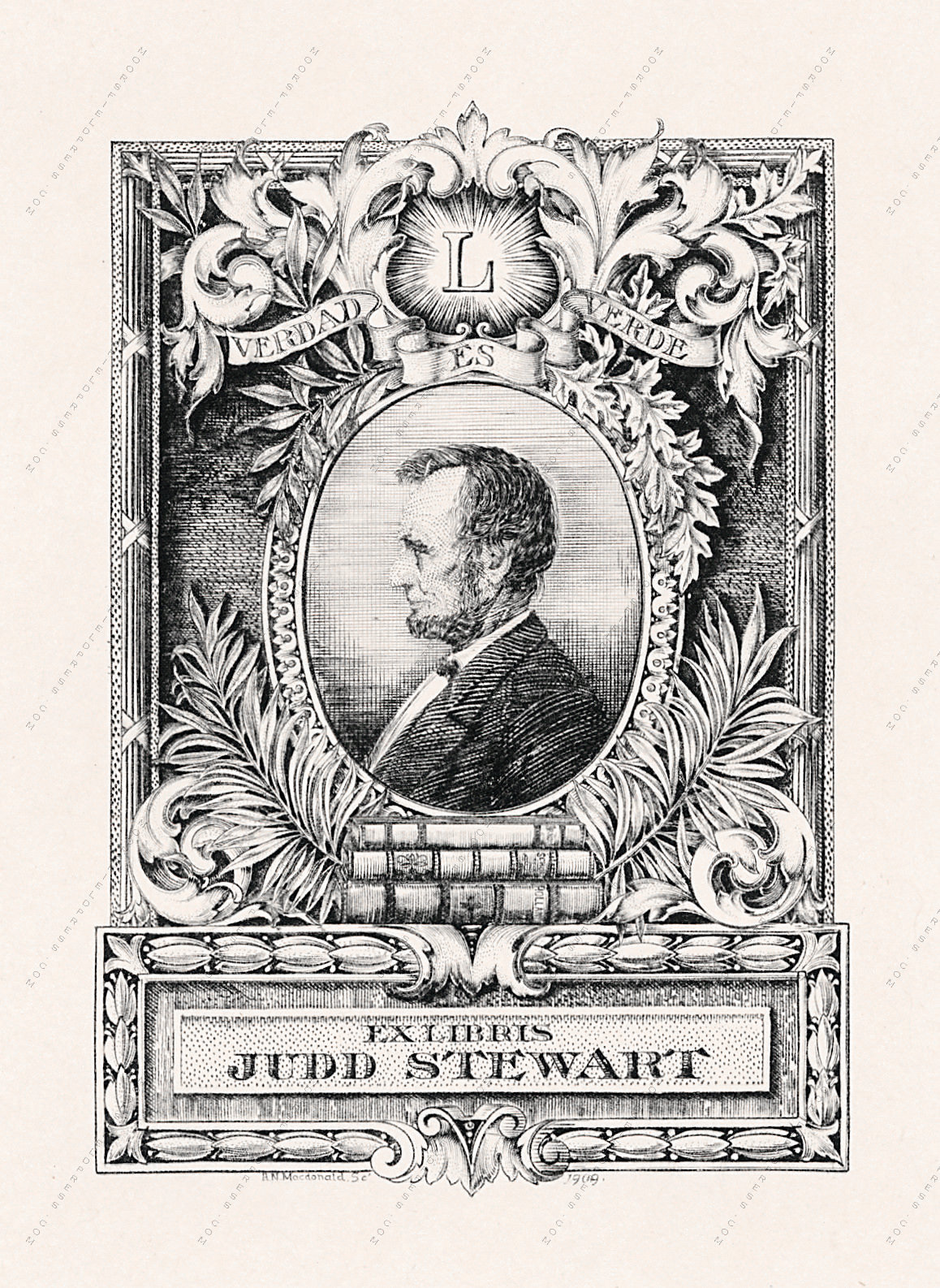 Judd Stewart Lincolniana book plate designed by
              Arthur Nelson MacDonald 1909