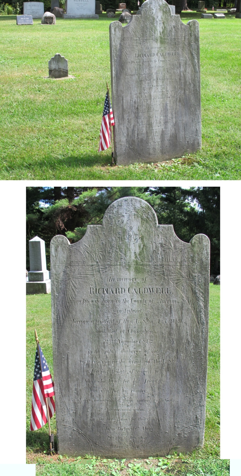captain richard caldwells
              stone in glenwood cemetery in champlain